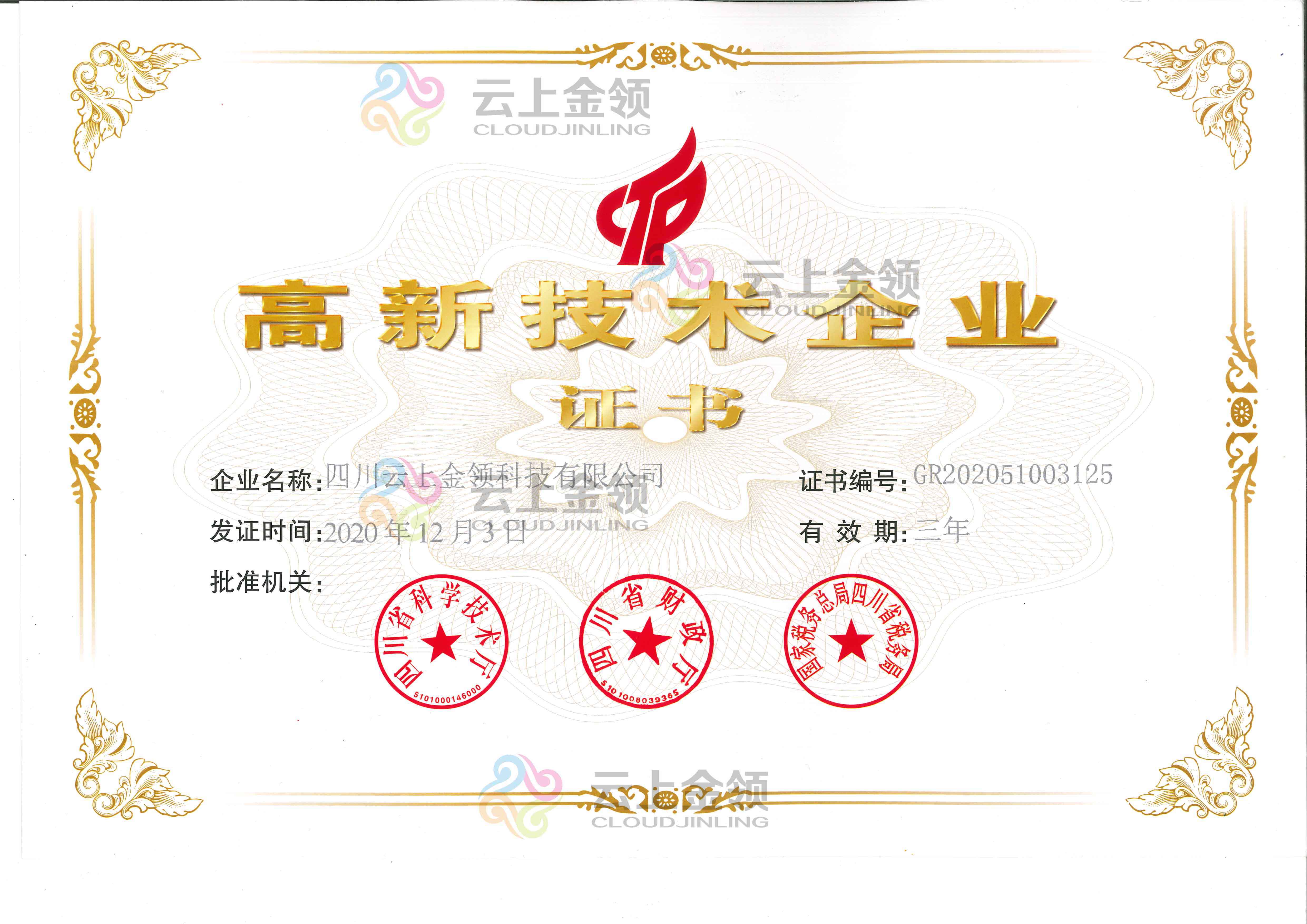 云上金领高新技术企业证书